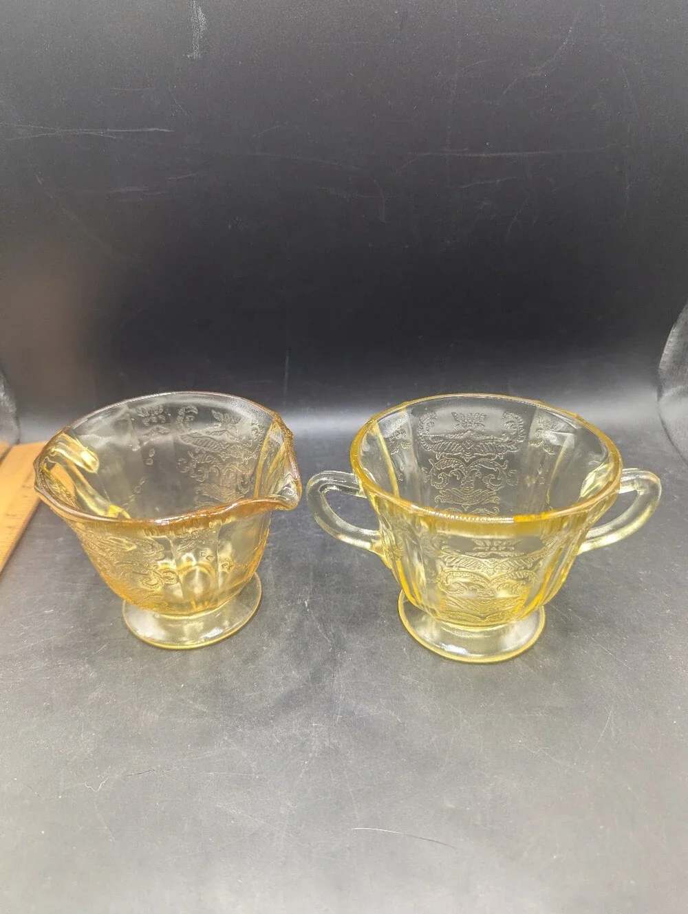 Vintage Federal Glass Madrid Pattern Yellow Depression Glass Creamer And Sugar